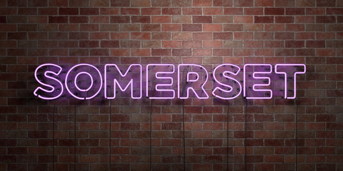 SOMERSET - fluorescent Neon tube Sign on brickwork - Front view - 3D rendered royalty free stock picture. Can be used for online banner ads and direct mailers..