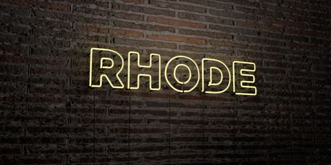 RHODE -Realistic Neon Sign on Brick Wall background - 3D rendered royalty free stock image. Can be used for online banner ads and direct mailers..