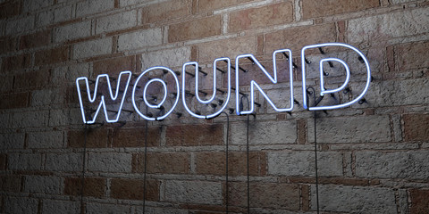 WOUND - Glowing Neon Sign on stonework wall - 3D rendered royalty free stock illustration.  Can be used for online banner ads and direct mailers..