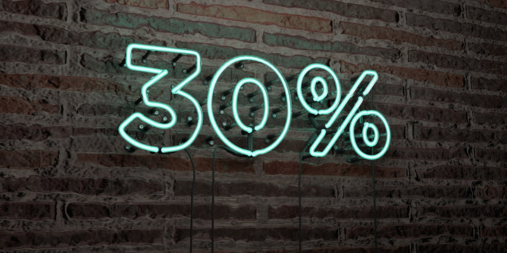 30% -Realistic Neon Sign on Brick Wall background - 3D rendered royalty free stock image. Can be used for online banner ads and direct mailers..