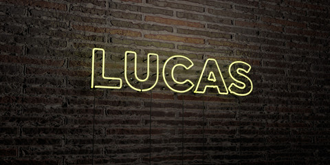 LUCAS -Realistic Neon Sign on Brick Wall background - 3D rendered royalty free stock image. Can be used for online banner ads and direct mailers..