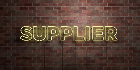 SUPPLIER - fluorescent Neon tube Sign on brickwork - Front view - 3D rendered royalty free stock picture. Can be used for online banner ads and direct mailers..