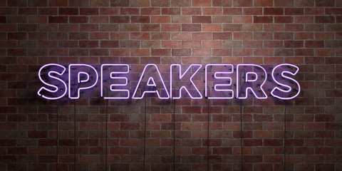 SPEAKERS - fluorescent Neon tube Sign on brickwork - Front view - 3D rendered royalty free stock picture. Can be used for online banner ads and direct mailers..