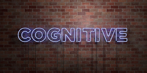 COGNITIVE - fluorescent Neon tube Sign on brickwork - Front view - 3D rendered royalty free stock picture. Can be used for online banner ads and direct mailers..