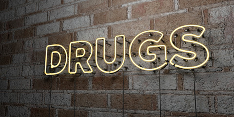 DRUGS - Glowing Neon Sign on stonework wall - 3D rendered royalty free stock illustration.  Can be used for online banner ads and direct mailers..