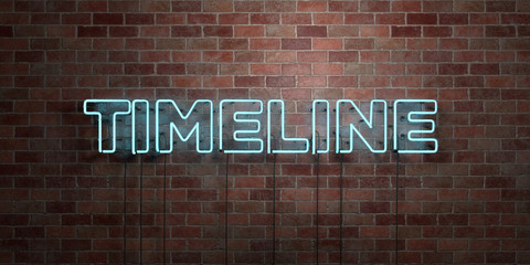 TIMELINE - fluorescent Neon tube Sign on brickwork - Front view - 3D rendered royalty free stock picture. Can be used for online banner ads and direct mailers..