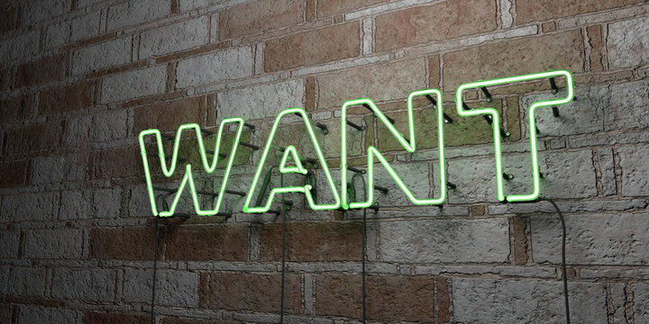 WANT - Glowing Neon Sign on stonework wall - 3D rendered royalty free stock illustration.  Can be used for online banner ads and direct mailers..