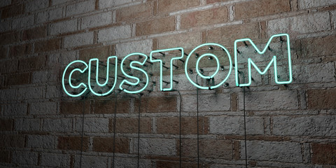 CUSTOM - Glowing Neon Sign on stonework wall - 3D rendered royalty free stock illustration.  Can be used for online banner ads and direct mailers..