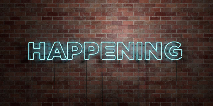 HAPPENING - fluorescent Neon tube Sign on brickwork - Front view - 3D rendered royalty free stock picture. Can be used for online banner ads and direct mailers..
