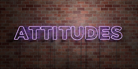 ATTITUDES - fluorescent Neon tube Sign on brickwork - Front view - 3D rendered royalty free stock picture. Can be used for online banner ads and direct mailers..