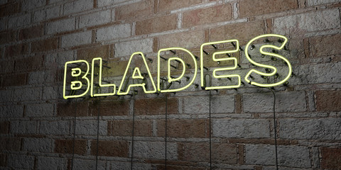 BLADES - Glowing Neon Sign on stonework wall - 3D rendered royalty free stock illustration.  Can be used for online banner ads and direct mailers..