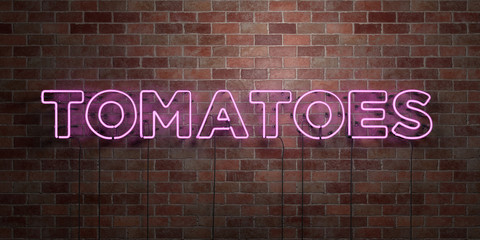 TOMATOES - fluorescent Neon tube Sign on brickwork - Front view - 3D rendered royalty free stock picture. Can be used for online banner ads and direct mailers..