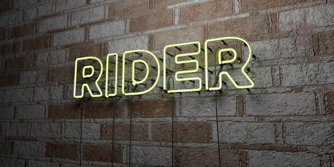 RIDER - Glowing Neon Sign on stonework wall - 3D rendered royalty free stock illustration.  Can be used for online banner ads and direct mailers..