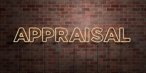 APPRAISAL - fluorescent Neon tube Sign on brickwork - Front view - 3D rendered royalty free stock picture. Can be used for online banner ads and direct mailers..
