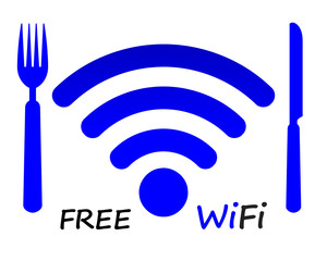 Free WiFi Restaurant Sign: Blue Icon On White Background With Fork And Knife