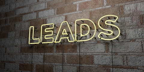 Fototapeta premium LEADS - Glowing Neon Sign on stonework wall - 3D rendered royalty free stock illustration. Can be used for online banner ads and direct mailers..