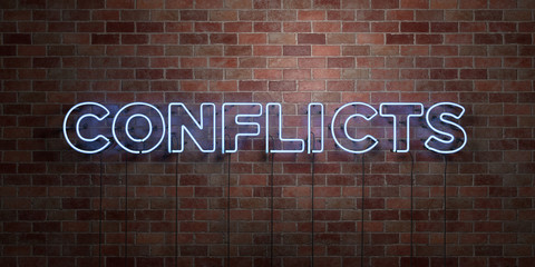 CONFLICTS - fluorescent Neon tube Sign on brickwork - Front view - 3D rendered royalty free stock picture. Can be used for online banner ads and direct mailers..