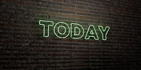 TODAY -Realistic Neon Sign on Brick Wall background - 3D rendered royalty free stock image. Can be used for online banner ads and direct mailers..