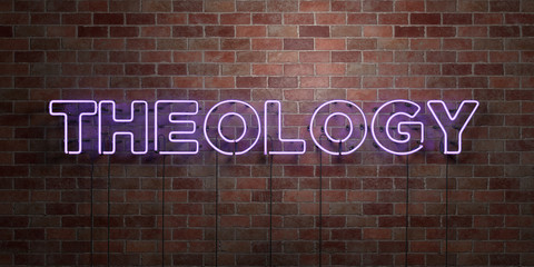 THEOLOGY - fluorescent Neon tube Sign on brickwork - Front view - 3D rendered royalty free stock picture. Can be used for online banner ads and direct mailers..