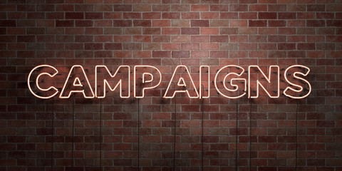CAMPAIGNS - fluorescent Neon tube Sign on brickwork - Front view - 3D rendered royalty free stock picture. Can be used for online banner ads and direct mailers..