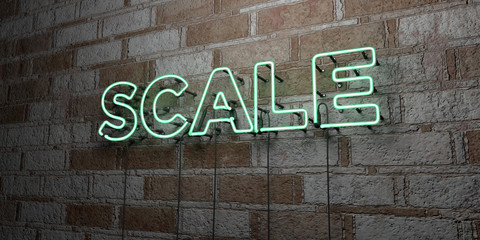 SCALE - Glowing Neon Sign on stonework wall - 3D rendered royalty free stock illustration.  Can be used for online banner ads and direct mailers..