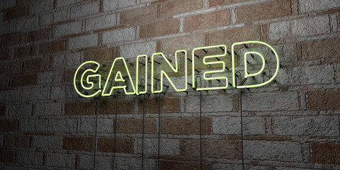 Fototapeta na wymiar GAINED - Glowing Neon Sign on stonework wall - 3D rendered royalty free stock illustration. Can be used for online banner ads and direct mailers..