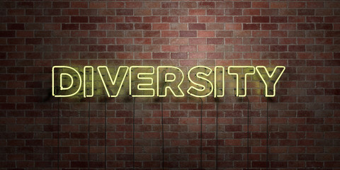 DIVERSITY - fluorescent Neon tube Sign on brickwork - Front view - 3D rendered royalty free stock picture. Can be used for online banner ads and direct mailers..