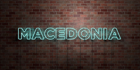 MACEDONIA - fluorescent Neon tube Sign on brickwork - Front view - 3D rendered royalty free stock picture. Can be used for online banner ads and direct mailers..
