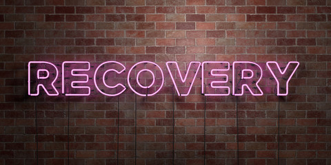 RECOVERY - fluorescent Neon tube Sign on brickwork - Front view - 3D rendered royalty free stock picture. Can be used for online banner ads and direct mailers..
