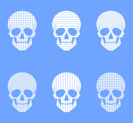 Set of 6 skulls. geometric patterns on a blue background.