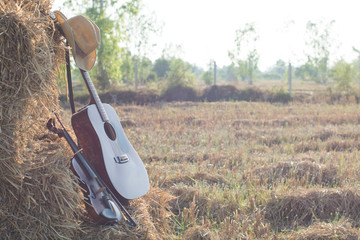 guitar and violin resting on straw Division in the fields, the w