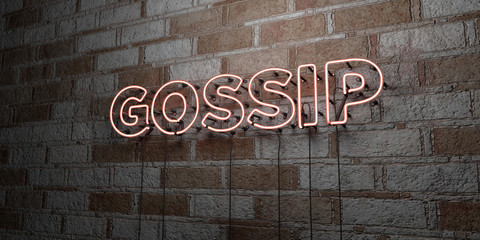 GOSSIP - Glowing Neon Sign on stonework wall - 3D rendered royalty free stock illustration.  Can be used for online banner ads and direct mailers..