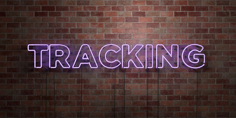 TRACKING - fluorescent Neon tube Sign on brickwork - Front view - 3D rendered royalty free stock picture. Can be used for online banner ads and direct mailers..