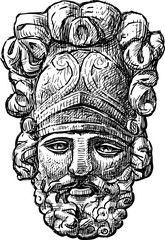 Architectural detail, sculptural relief in the form of mask of an ancient warrior