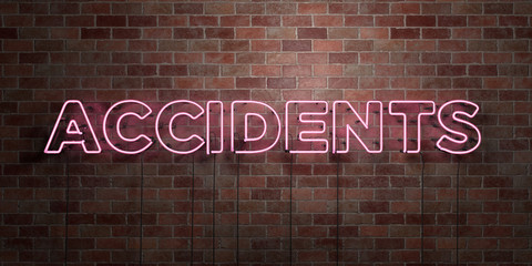 ACCIDENTS - fluorescent Neon tube Sign on brickwork - Front view - 3D rendered royalty free stock picture. Can be used for online banner ads and direct mailers..