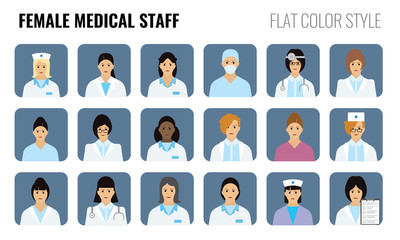 Female Medical staff - people icons. Set of Women doctor icons with flat color style design.