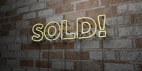 SOLD! - Glowing Neon Sign on stonework wall - 3D rendered royalty free stock illustration.  Can be used for online banner ads and direct mailers..