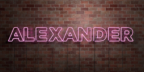 ALEXANDER - fluorescent Neon tube Sign on brickwork - Front view - 3D rendered royalty free stock picture. Can be used for online banner ads and direct mailers..