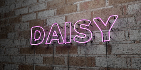 DAISY - Glowing Neon Sign on stonework wall - 3D rendered royalty free stock illustration.  Can be used for online banner ads and direct mailers..