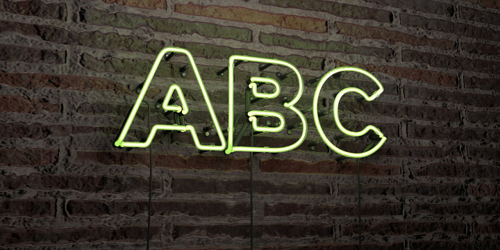 ABC -Realistic Neon Sign on Brick Wall background - 3D rendered royalty free stock image. Can be used for online banner ads and direct mailers..