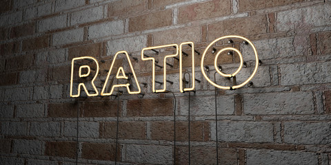 RATIO - Glowing Neon Sign on stonework wall - 3D rendered royalty free stock illustration.  Can be used for online banner ads and direct mailers..