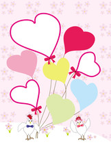 トリと可愛いハート型風船のイラストのメッセージカード