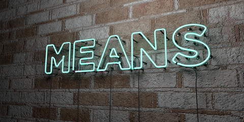 MEANS - Glowing Neon Sign on stonework wall - 3D rendered royalty free stock illustration.  Can be used for online banner ads and direct mailers..