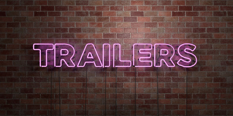 TRAILERS - fluorescent Neon tube Sign on brickwork - Front view - 3D rendered royalty free stock picture. Can be used for online banner ads and direct mailers..