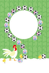 ニワトリとサッカーボールとひよこのイラストのメッセージカード