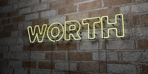 WORTH - Glowing Neon Sign on stonework wall - 3D rendered royalty free stock illustration.  Can be used for online banner ads and direct mailers..