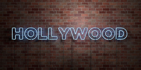 HOLLYWOOD - fluorescent Neon tube Sign on brickwork - Front view - 3D rendered royalty free stock picture. Can be used for online banner ads and direct mailers..