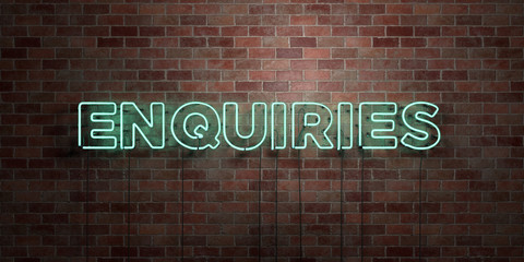 ENQUIRIES - fluorescent Neon tube Sign on brickwork - Front view - 3D rendered royalty free stock picture. Can be used for online banner ads and direct mailers..