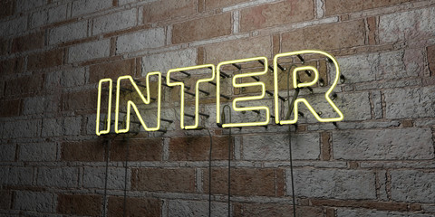 INTER - Glowing Neon Sign on stonework wall - 3D rendered royalty free stock illustration.  Can be used for online banner ads and direct mailers.. - obrazy, fototapety, plakaty
