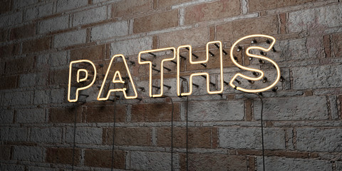 PATHS - Glowing Neon Sign on stonework wall - 3D rendered royalty free stock illustration.  Can be used for online banner ads and direct mailers..